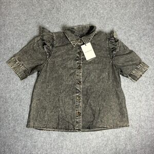 Who What Wear Women's XL Button Up Jean Short Sleeve Top Denim Ruffles Shirt